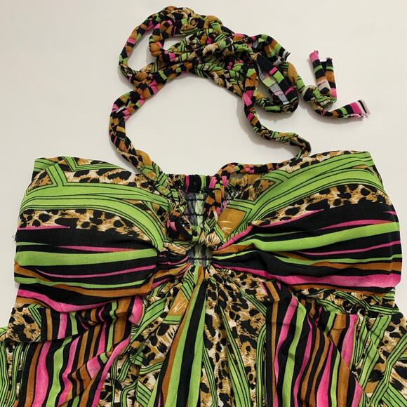 Colorful Animal Print Striped Halter Top High Low Midi Dress XL (fits small) - Picture 2 of 6